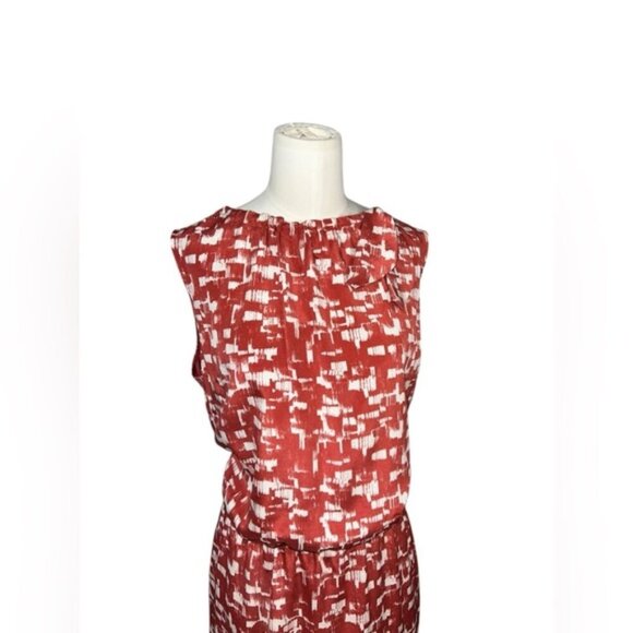 St. John Silk Blend Patina Bow Neck Sleeveless Dress $995 red white size 12 - Picture 3 of 4